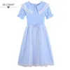 Summer Preppy Style Women Solid Dress Peter Pan Collar With Lace Pink Blue Plaid Short Sleeve Cute Kawaii Tulle 210520
