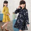 Adolescente meninas soltas vestido de chiffon manga comprida primavera outono floral impressão de algodão vestido para 4- 14 anos roupas de menina grande 2021 q0716