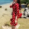 Red Polka Dot Slash Neck 3/4 Sleeve Short Mini Dress Vintage Summer Beach Vocation Women Female Elegant Retro D1604 210514