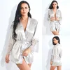 Women's Sleepwear Women Imitation Silk Long Sleeve Kimono Bath Robe Sheer Floral Lace Splicing Shoulder Cuff Nightgown Belted Waist Mini