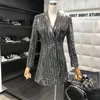 Women's Suits & Blazers Nice Fashion Designer Sliver Sequined Blazer Women Long Sleeve V Neck Office Ladies Turn-down Collar Jacket Coat