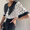 Koreanische Chic Temperament Retro Kontrast Spitze Puppe Kragen Nähte Schwarz Weiß Polka Dot Bluse Frauen Puff Sleeve Tops Mujer 210429