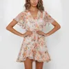 Boho Floral Print Mini Chiffon Dress vネックフレア半袖ビーチ夏包帯フリルAラインローブフェムメ210515