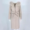 OFTBUY Echte bontjas Winterjas Dames Natuurlijke Bontkraag Hooded Cashmere Wol Mengsels Lange Bovenkleding Lady Streetwear 211130