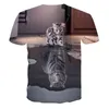 Мужские футболки летом 3D кошка отражение тигра шаблон мужской и женский повседневная модная рубашка вокруг шеи с коротким рукавом верхняя часть BQFW