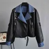 Jesień Faux Soft Skórzany Kobiety Luźna Kurtka Kołnierz Kołnierz PU Motocykl Denim Zipper Rivet Punk Płaszcz 210430