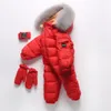 Jumpsuits 2021 Down Warm Baby Boy Rompers Hooded Fur Born Girls Jumpsuit One Piece Toddler Snowsuit Kläder Kids Onesie Kostym