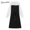 Yitimuceng Patchwork Lace Up Button Up High Waist Vintage Klänningar Kvinnor O-Neck A-Line Kläder Vår Fashion Dress 210601