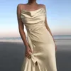 Satin Summer Midi Dress Mulheres Spaghetti Strap Backless Beach Vestidos Longos Retalhos Verde Split Robe Prom Night Outfits 210517