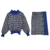 Kobiety Blue Khaki Tweed Przycisk Mini Spódnica Zipper Ołówek 2 Dwa kawałki Zestaw Elegancka Plaid Zima Turtleneck T0055 210514