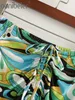サマープリントカジュアルホリデービーチミディスカートファッション巾着レースアップ弾性ハイウエスト女性スプリットロングスカート210604
