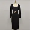 Spring Black Korean Elegant Party Midi Dress With Belt Women Long Sleeve Square Collar Fashion Office Female Pencil Vestido 210518