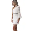 Dames Wit Kant Jurk Sexy One Shoulder Flare Sleeve Crochet Bodycon Hollow Out Clubwear Mini Party Casual Jurken