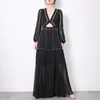 Imprimer évider robe pour femmes col en V lanterne à manches longues taille haute froncé mince Maxi robes femme mode 210520