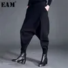 [EAM] 2022 Spring Fashion Black High Waist Elastic Pockets Patchwork Casual Woman Full Length Harem Pants SA155 211216