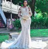 Mermaid Long Sleeve Wedding Dresses Tulle Lace Crystal Appliques Luxury Formal Bridal Gowns Vestido de Novia Sweep Train African Robe De Mariage