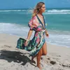 Women's Swimwear Sporlike Vintage Print Floral Beach Cover Up Summer Bikini Outerwear Flare Sleeve Oversize Bohemian Long Cardigans