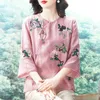 Kvinnors Blusar Shirts Casual Half Sleeve Flower Print Loose Women Oversized Bomull och Linne Toppar Vintage Streetwear Tunika Tees