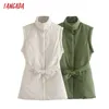 Tangada Women Green Waistcost Parkas With Belt Pockets Office Lady Oversized Coat Sleeveless JE174 211120