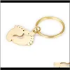 Nyckelringar Fashion Aessory Drop Delivery 2021 Stål/Guld rostfritt stål Fotnyckelkedja Blank för graveringsmetall Baby Feet Keychain Mirror Po