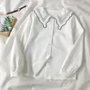 Kimutomo Kontrast Renk Bluz Bahar Stil Kadınlar Peter Pan Yaka Ofis Bayan Uzun Kollu Tek Göğüslü Üst Zarif 210521