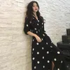 Autumn Chic Women Black Dress Vintage Circle Dot Slim V neck Lantern Half Sleeve Tunic Chiffon Long Dresses Elegant Vestido 210507