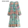 Bohemian Lace up V neck Location Floral Print Dress Turquoise Red Ethnic Woman Tassel Long Sleeve Holiday Dresses 210429