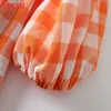 Tangada Summer Women Orange Plaid Print Backless Long Dress Puff Short Sleeve Ladies Sundress 4T11 210609