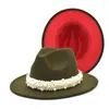 Wełniane jazz fedora czapki swobodne kobiety skórzana peerl wstążka filc biały różowy żółty Panama Trilby Formal Party Cap 58 cm