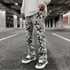 Men's Jeans Hip Hop Retro Washed Gray Pu Leather Bone Embroidery Casual Denim Trousers Men Straight Oversize Streetwear Loose Pants