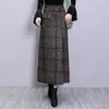 Elegante retro fêmea hight cintura longa saia xadrez mulheres casuais retas vintage moda maxi jupe longupe femme slim 210621