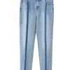 Patchwork paski dżinsy jesienne kobiety koreański wysoki talia zamek kieszenie na zamek błyskawiczny Slim Fit Fashion Female Spodnie 11940551 210527