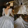 2022 Luxo lantejoulas vestidos de casamento vestido de baile de noiva mangas compridas mangas de beading cheira trem sem encosto tule quadrado pescoço tule dubai feitos sob encomenda plus size vestido de novia