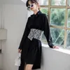 Svart asymmetrisk lång skjorta Klänning ärmknapp upp Krage Casual Höstkläder Kvinnor Koreansk stil 210427