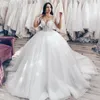 2021 Maniche lunghe Ball Gown Abiti da sposa Castello Applique in pizzo Perline Cristalli Corsetto Indietro Scollo a V Illusion Custom Made Plus Size vestido de novia