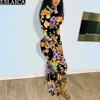 Mulheres Vestido Outono Manga Longa O Pescoço Tassel Feminino Maxi Floral Impressão Preto Plus Size Boho Beach Holiday Jurken 210515