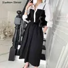 Vintage Patchwork Kleid für Frau Einreiher Spitze Up Vestido Kleidung Schwarz Schlanke Taille Elegante Maxi Kleider Weibliche 210603