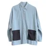 Johnature Women Bomull Linen Skjortor Vintage Loose Patchwork Fickor Blusar Vår Blå Turn-down Collar Button SHIRTS 210521