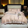 Home Textiles Sheets 4 Piece sets of Pure Plain Color Silk Embroidered Bed Quilt Cover Fitted Sheet