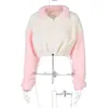 Kvinnors Tröjor Mode Vinter Fleece Y2K Crop Top Kvinnor Harajuku Kawaii Rosa Casual Zip Drawstring Contrast Color Sweatshirt Kvinna Pullov