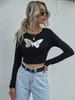 Slim Fashion Butterfly Printed Women T-Shirt Casual O-Neck Long Sleeve Women Sexy Short Tops W9221 210526