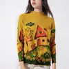 Maglione da donna autunnale a maniche lunghe girocollo modello di casa dipinto a mano moda pullover in maglia gialla 210427