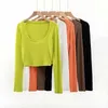 Vintage Lange mouwen Crop Top Vrouwen T-shirts Zwart Wit Katoen Dames Streetwear T-shirt Koreaans Tee 210521