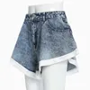 [EAM] Women Denim Blue Ruffles Stitch Wide Leg Shorts High Waist Loose Fit Trousers Fashion Tide Spring Summer 1Y104