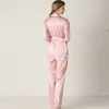 Pajamas Set Women's Silk Long Sleeve Robes with Pants High-grade Womens Solid Color Lace Two-piece Pjs Women 210830