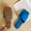 Brand Women Weave Leather Slippers Mules Open Toe Flat Slides Summer Blue Heels Outdoor Beach Female Flip Flops Shoes