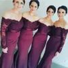 Burgundy Long Mermaid Lace Bridesmaid Dresses Plus Storlek Modest Långärmade Bröllop Gästkvällar