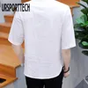 Mężczyźni Bawełniana Pościel Krótki Rękaw T Koszulka Lato Cienki Tkanina Chińskie Tradycyjne Odzież Mężczyzna Luźna Biała Koszulka