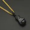 Herren Hip Hop Halskette Schmuck Edelstahl schwarze Boxhandschuhe Anhänger Halsketten mit 3 mm * 60 cm goldener kubanischer Kette