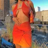 OMSJ Sommer Outfits Mini Bandage Farbverlauf Kleid Damen Aushöhlen Backless Mode Asymmetrie Vestidos Clubwear BlueOrange 210517